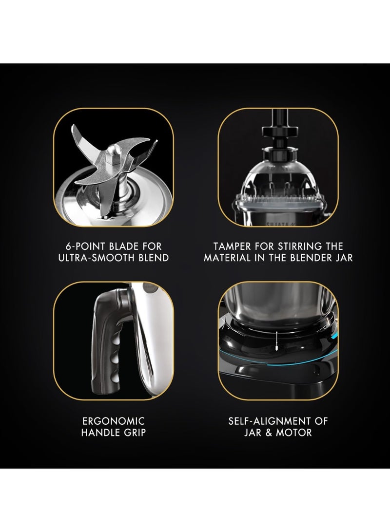 سوجاتا Sujata MG02 Mixer Grinder|1000 Watts Double Ball Bearing Motor|24000 RPM|Non-Stop 90 Mins Running|3 Food Grade Steel Jars including 1500ml Multipurpose, 1000ml Grinder, 500ml Chutney Jar| (Black) - Image 4